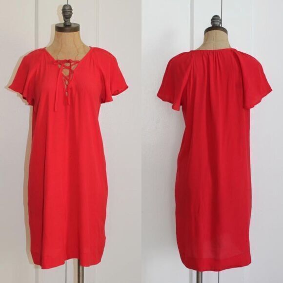 Madewell Red Lace-up Flutter Casual Dress - Picture 4 of 8